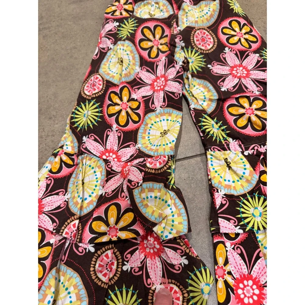 Chatti Patti Girls Brown Floral Retro Bell Bottom Ruffle Pants Size 6 Boho Flare